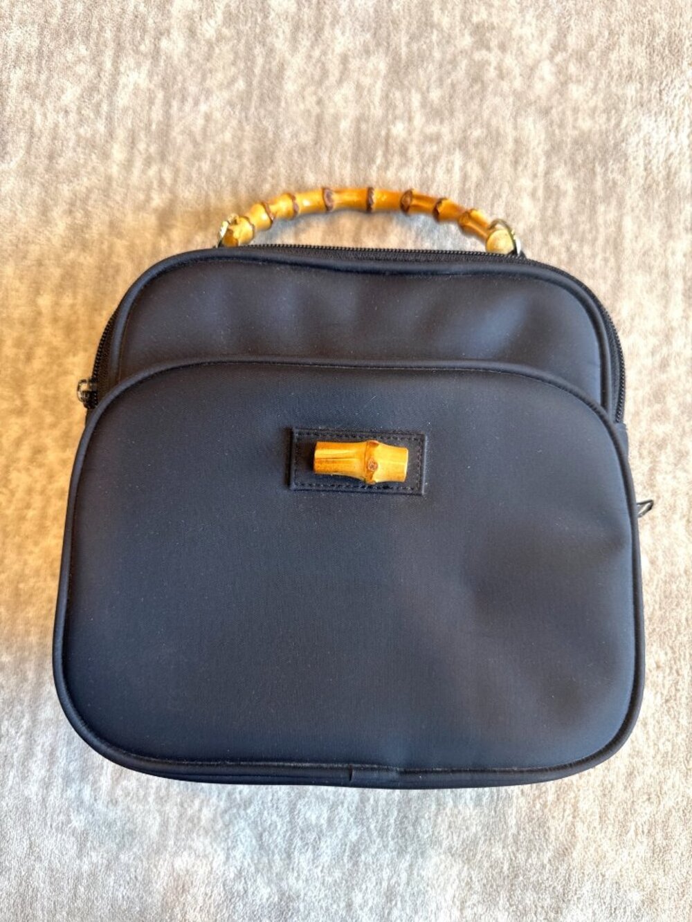 Avon Vintage Nylon Travel Bag Black with Bamboo Handle